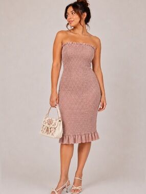 XL Smocked Strapless Bodycon Dress Ruffle Hem Mauve Dusty Rose